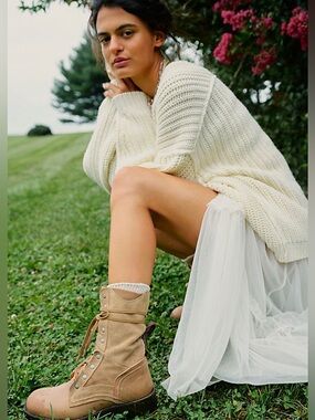 Free People We The Free Jesse Lace-Up Combat Boots Taupe Leather & Suede Size 9